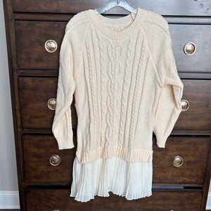 Trendy Beige Cable Knit Sweater with Pleated Hem